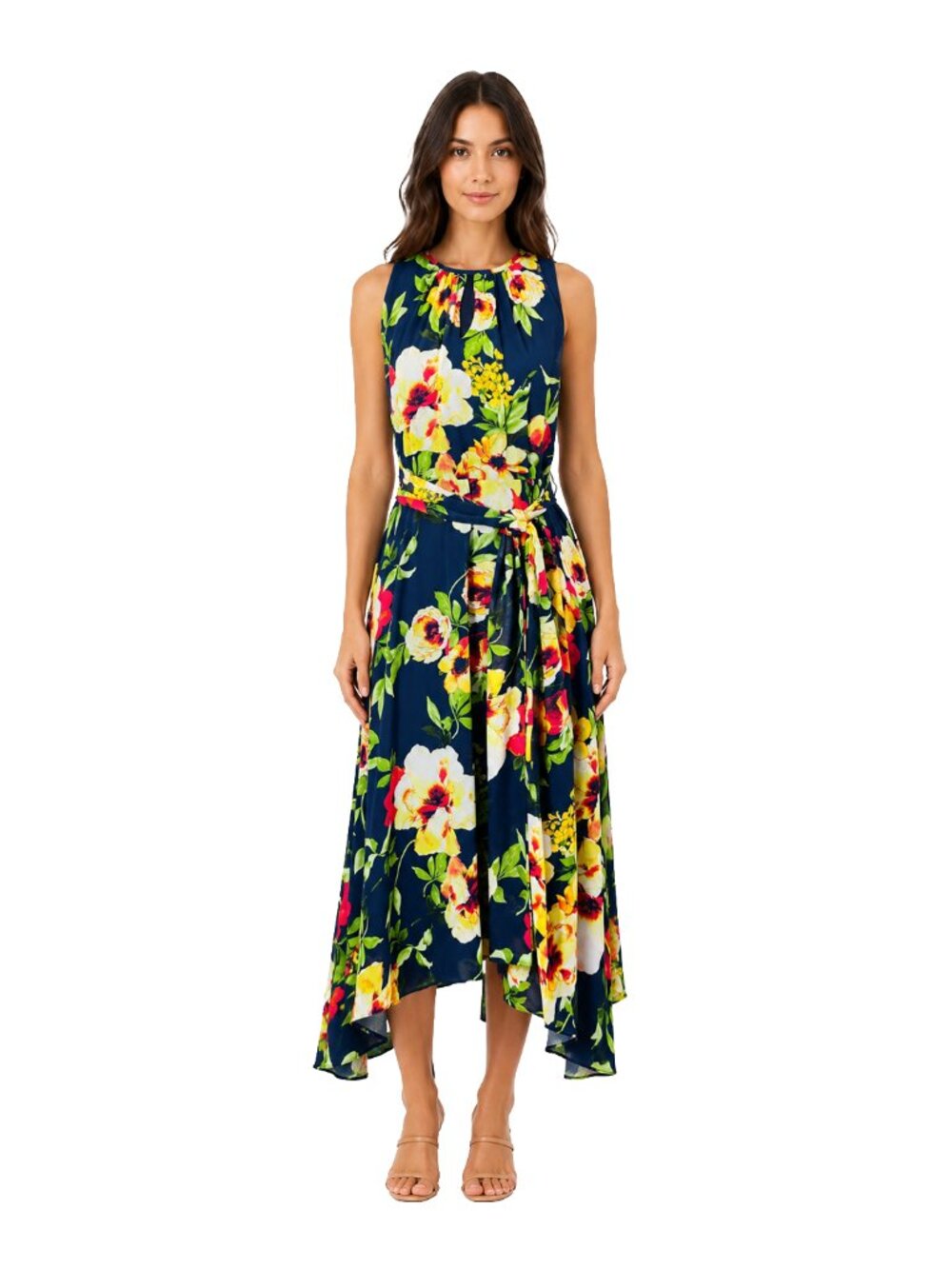 Leslie Fay Floral Maxi Dress Sz 6 Navy Keyhole Waist Tie Summer Elegant